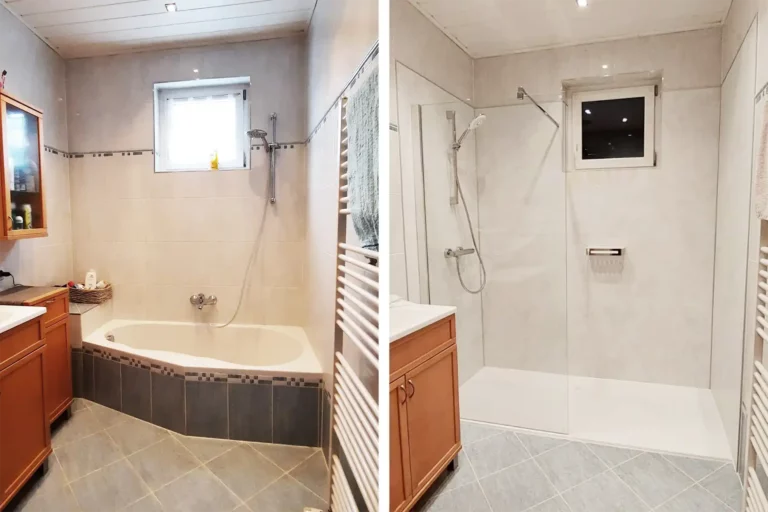 Vorher/Nachher Badsanierung mit Wanne raus, Dusche rein – linke Seite zeigt das alte Badezimmer mit Badewanne, rechte Seite das renovierte Badezimmer mit einer modernen, begehbaren Dusche.