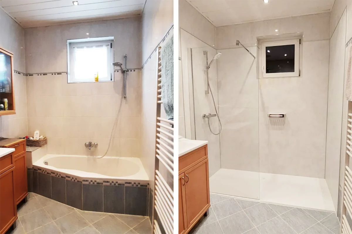 Corner bathtub removed, shower with low entry installed
