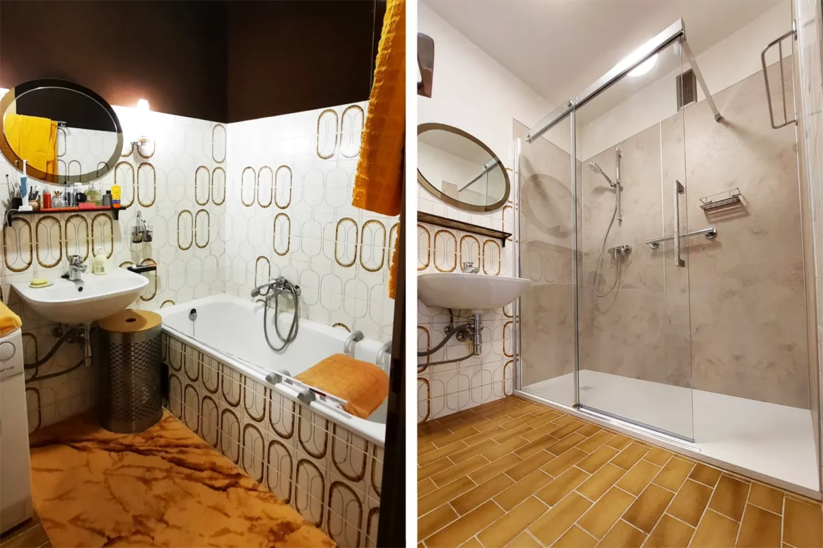 Tub out, shower in: Shower with glass wall instead of old bathtub