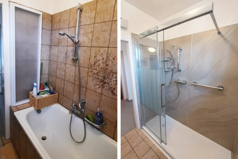 Badmodernisierung: 'Badewanne raus, Dusche rein' im direkten Vorher-Nachher-Vergleich.