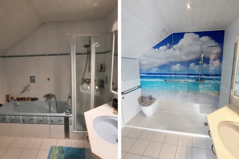 Badmodernisierung: 'Badewanne raus, Dusche rein' im direkten Vorher-Nachher-Vergleich.