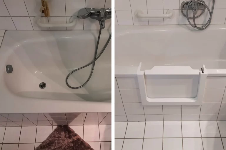Vorher-und-Nachher-Vergleich der Installation einer Badewannentür, Badewannentür einbauen in einem modernen Badezimmer.