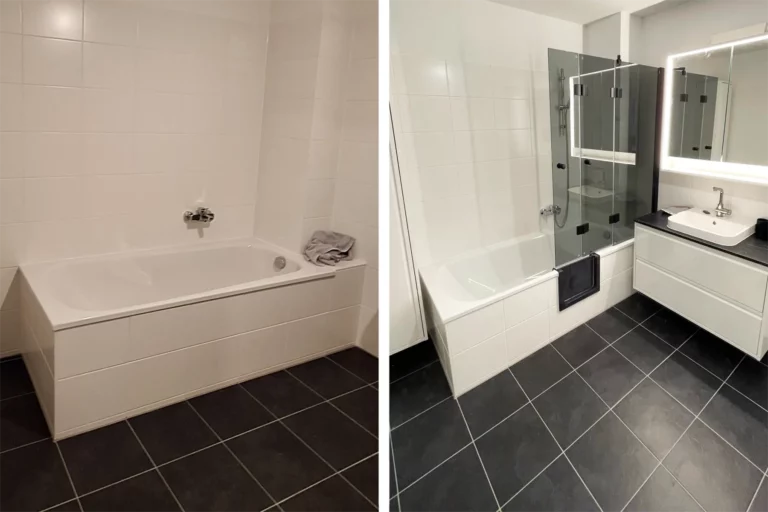 Vorher-und-Nachher-Vergleich der Installation einer Badewannentür, Badewannentür einbauen in einem modernen Badezimmer.