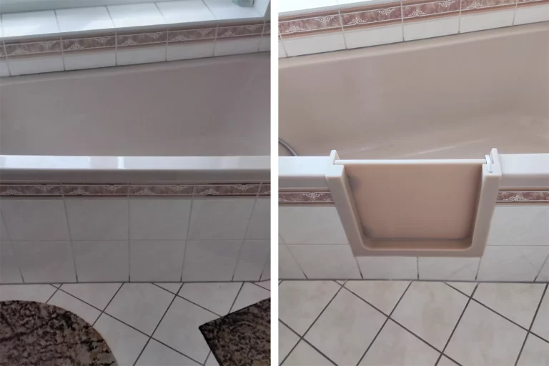 Vorher-und-Nachher-Vergleich der Installation einer Badewannentür, Badewannentür einbauen in einem modernen Badezimmer.