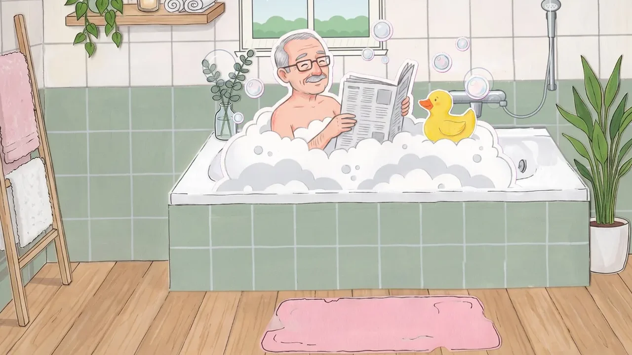 Illustration: Werner im Schaumbad in seiner frisch beschichteten weißen Badewanne