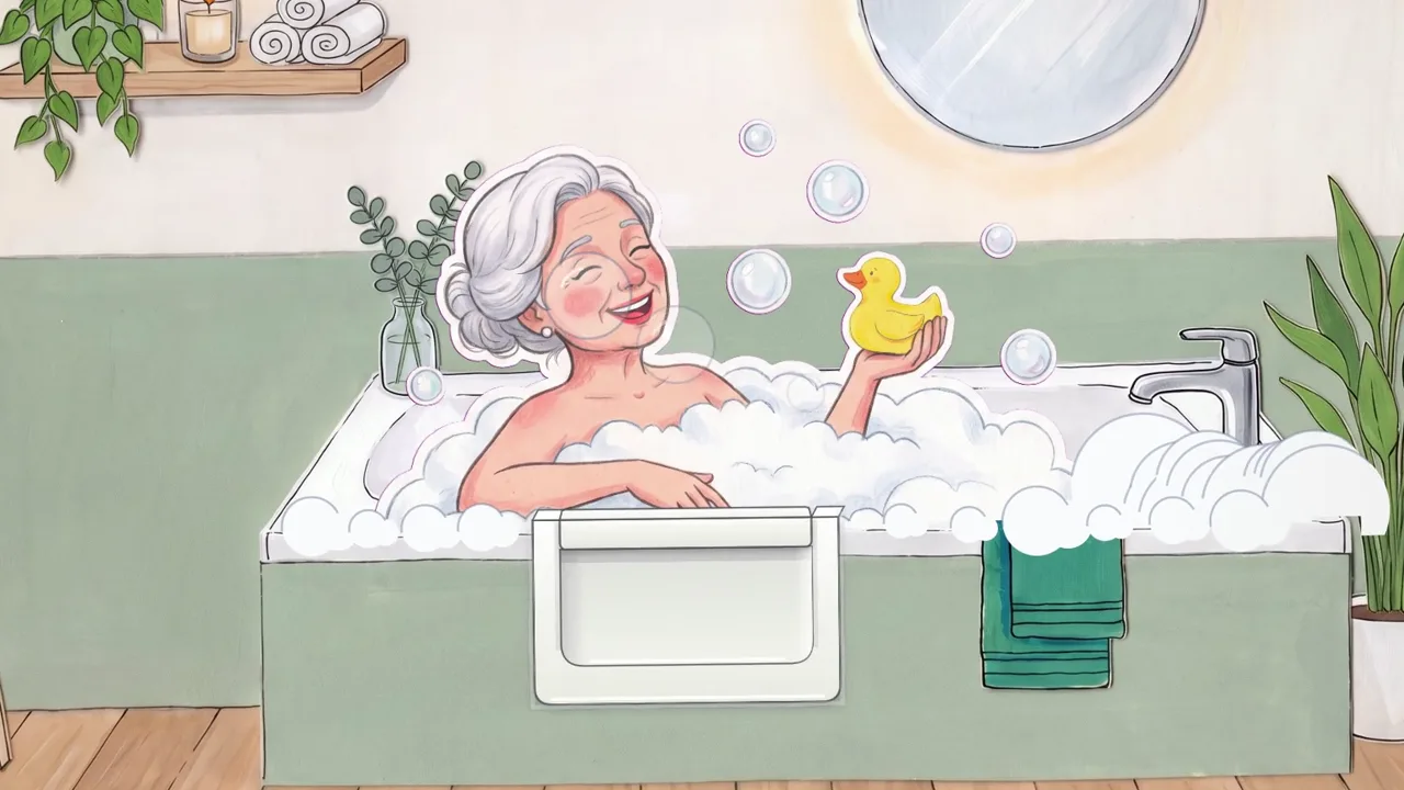 Illustration: Gerda im Schaumbad, vorne in der Wanne die eingebaute Badewannentür